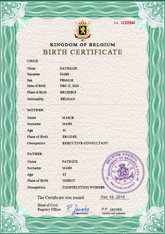 Download Belgium vital record birth certificate PSD template Photoshop template
